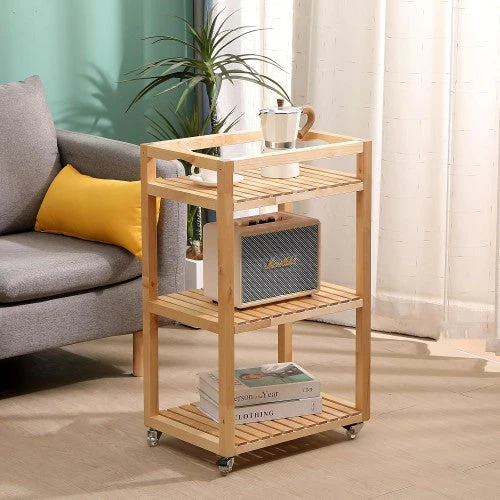 3 Tier Rolling Storage Shelf, Solid Wood Utility Cart with Wheels for Home, Living Room, Bathroom, Kitchen - Image 4