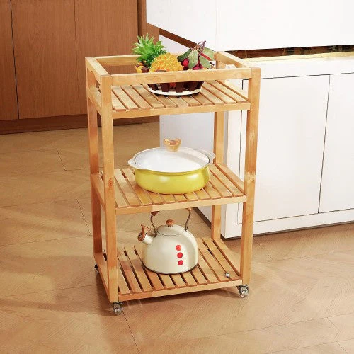 3 Tier Rolling Storage Shelf, Solid Wood Utility Cart with Wheels for Home, Living Room, Bathroom, Kitchen - Image 5