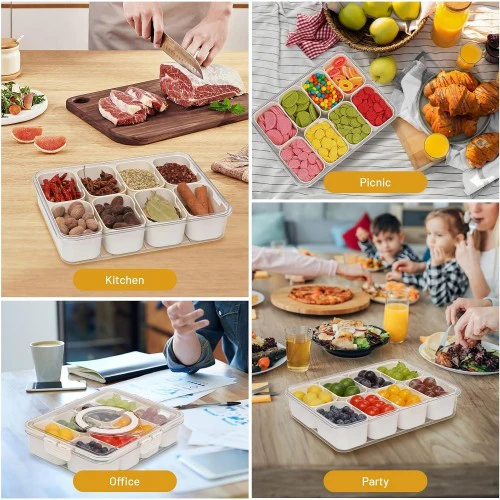 Snackle Box Container, 8 Compartment Divided Serving Tray with Lid and Handle for Food, Snacks, Nuts, Fruits, Picnic, Travel - Image 5